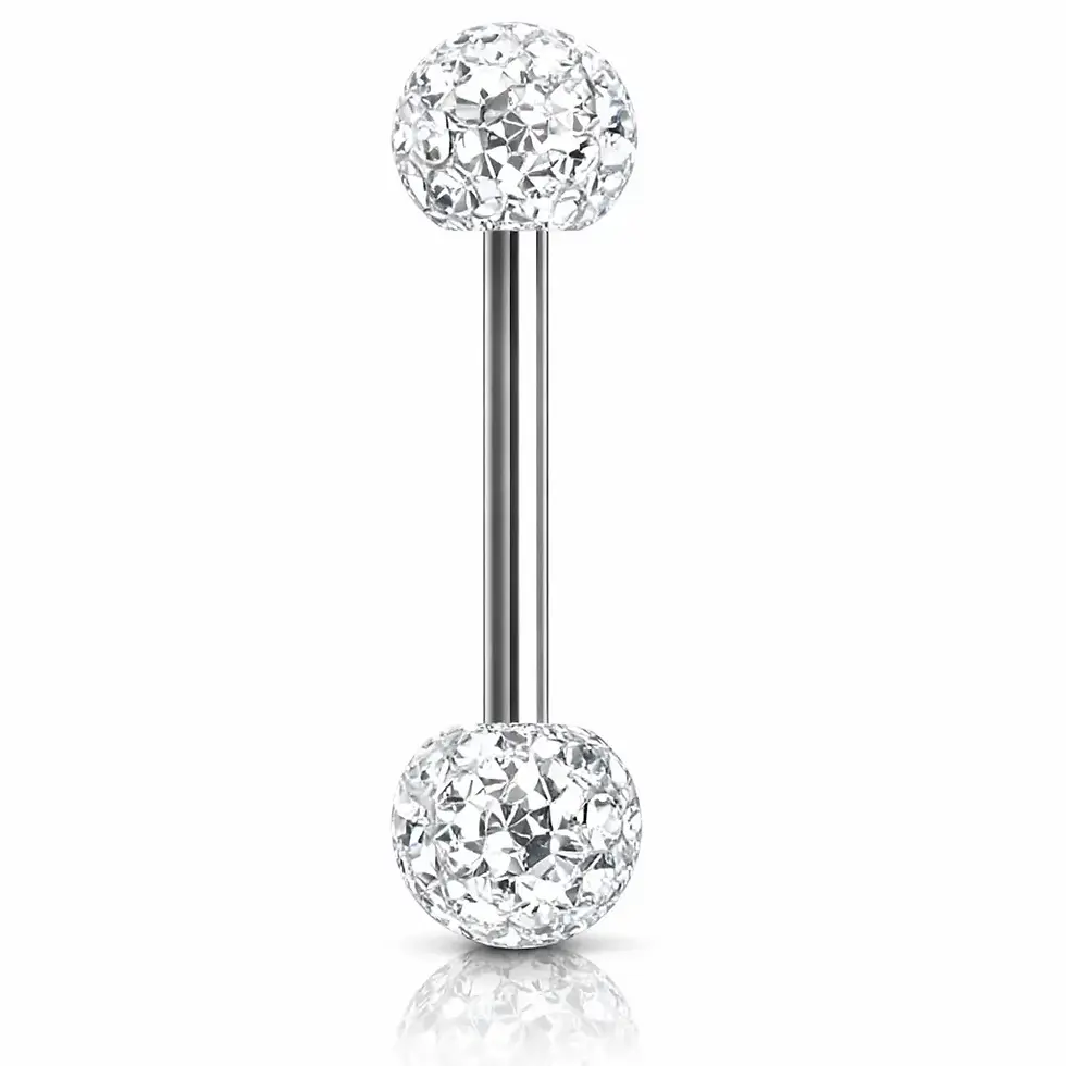 Piercing langue avec 2 boules cristal blanc
