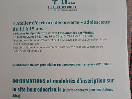 Atelier pour ados chez L'heure d'écrire été 2025