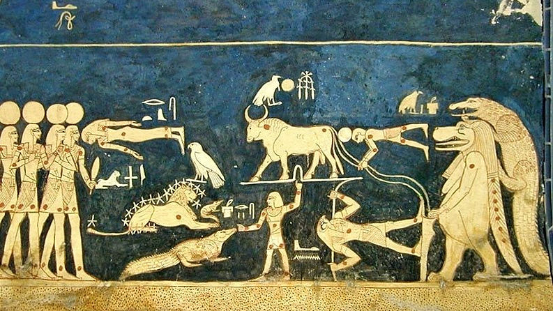 Detalle del techo astronómico de la tumba de Seti I, que muestra las representaciones personificadas de estrellas, constelaciones y trucos de magia con cocodrilos . Wikimedia