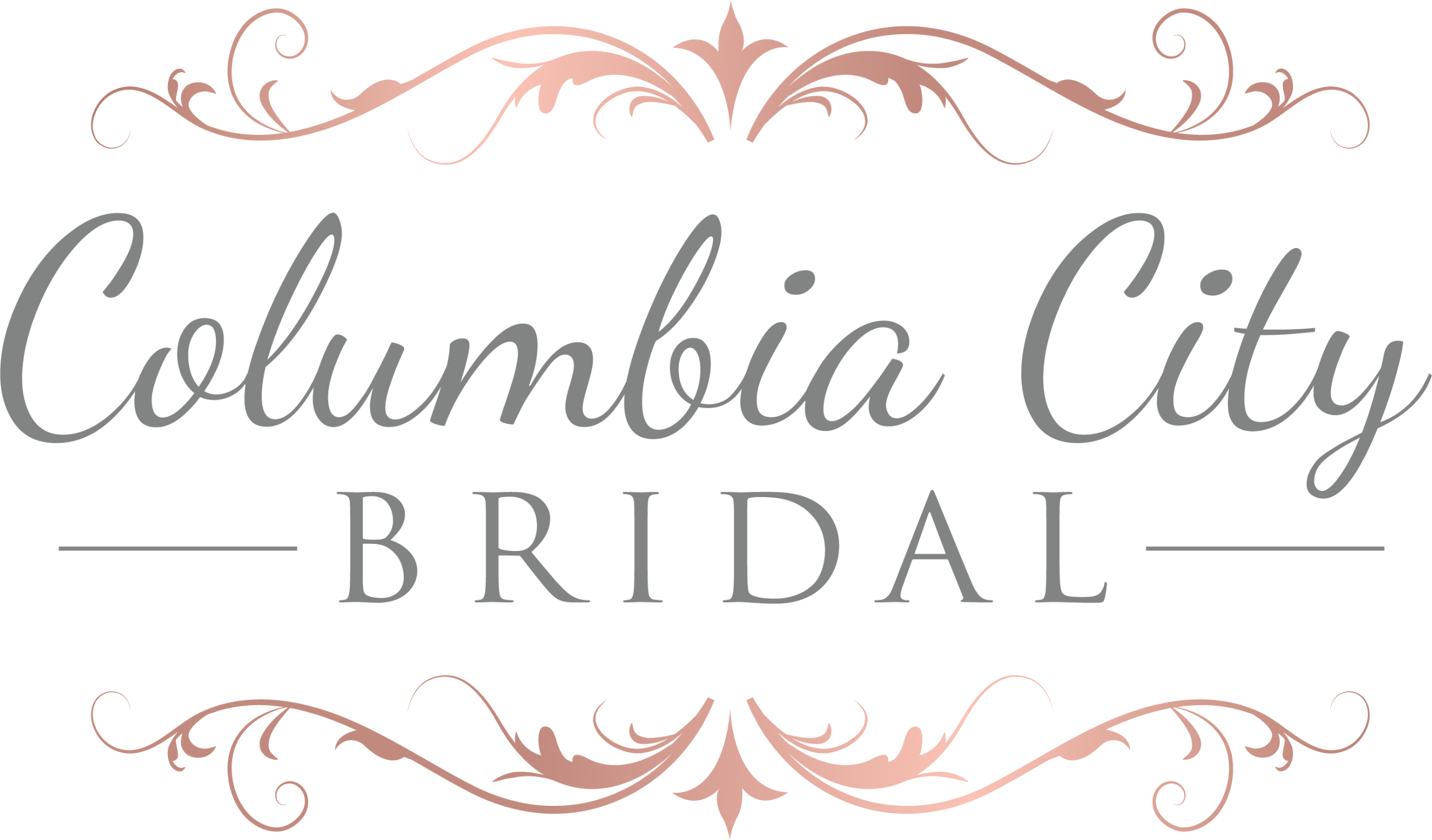 Decorative bridal sign reading Columbia City BRIDAL in gray script, framed by pink floral swirls on a white background.