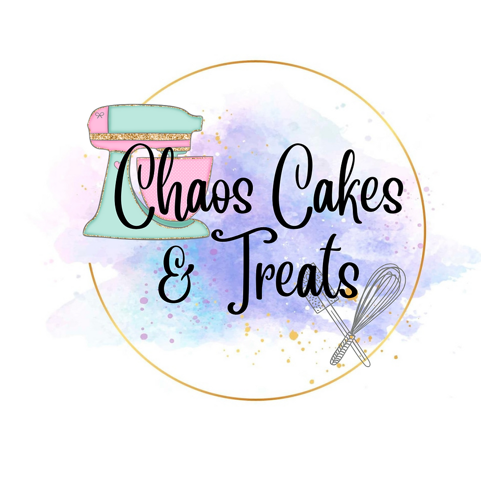 Pastel bakery logo with mixer and whisk, reading Chaos Cakes & Treats over a watercolor circle background.