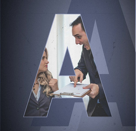 Angry male office worker with a clip board shouting at a female office worker