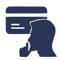 Icon of a credit card partially covered by a male profile with a finger to his lips, representing discreet payment options for private hypnotherapy sessions