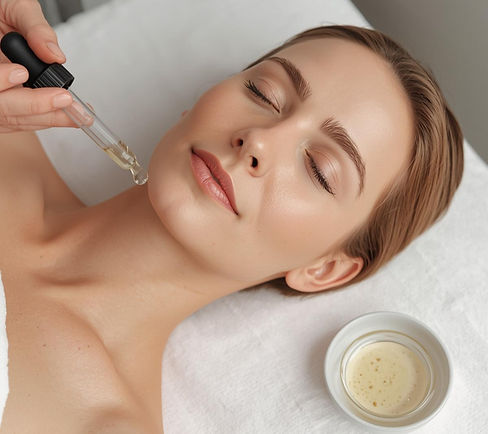 woman receving a skin treatment,. lying on treatment bed, relaxed, eyes closed. no skin pr