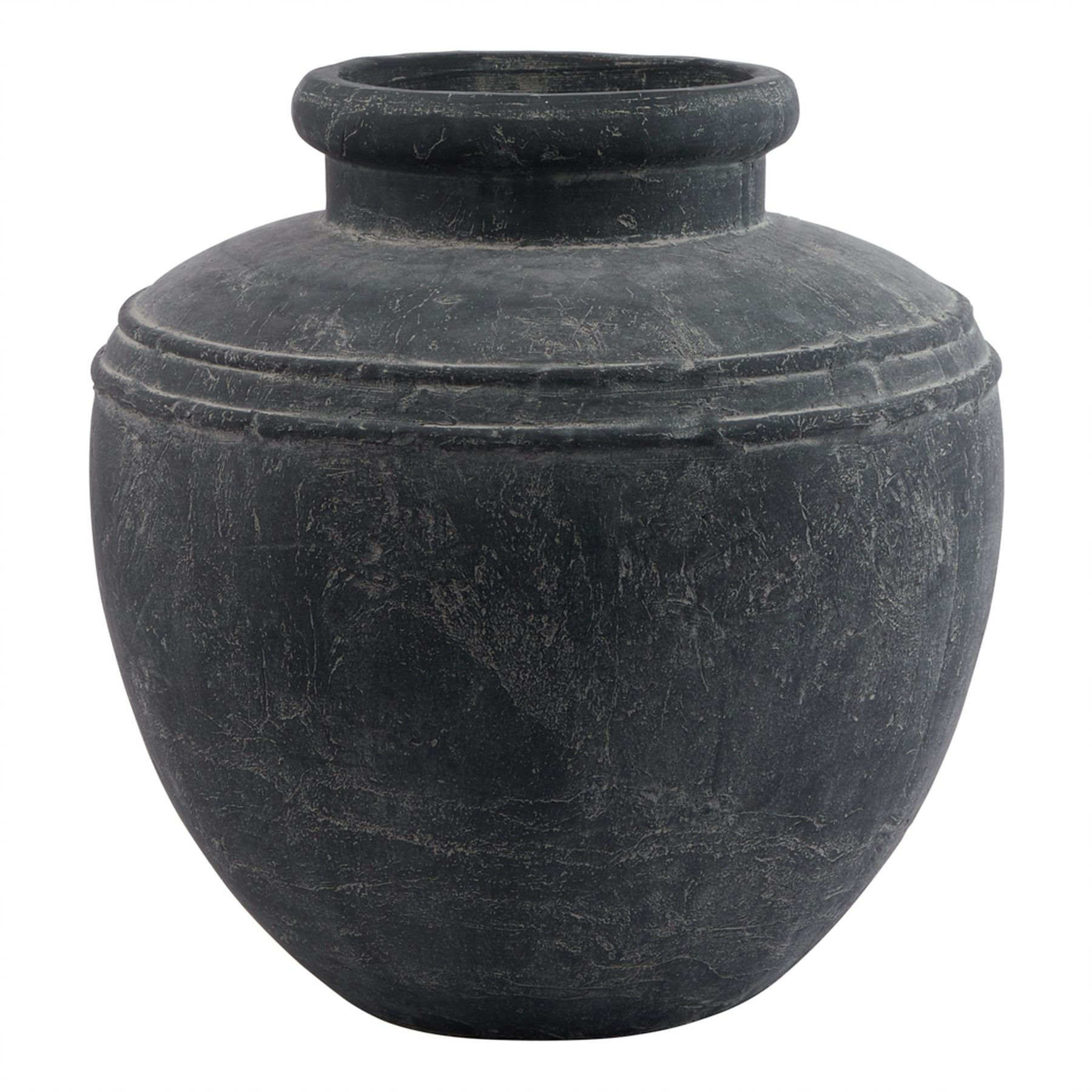 Dark grey ceramic rustic pot with narrow neck and ribbed detail
