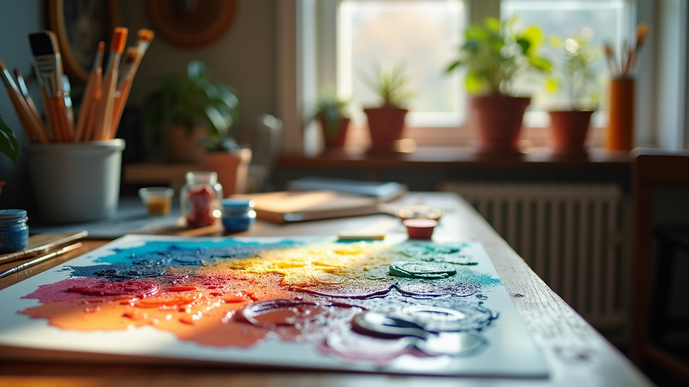 Close-up view of a serene art studio filled with colorful paints and brushes