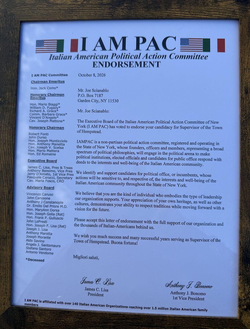 Joe's I AM PAC endorsement letter