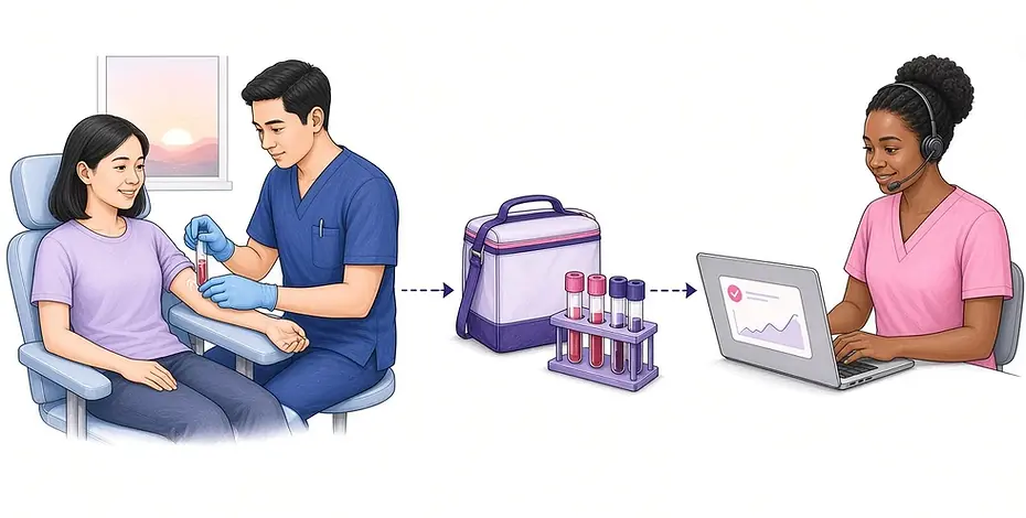 Illustration of an early-morning blood draw, courier cooler and a clinic nurse receiving results by 2 pm
