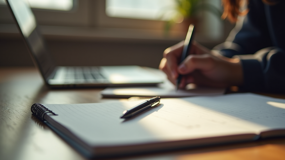 Close-up view of a writer's desk with a notebook and pen