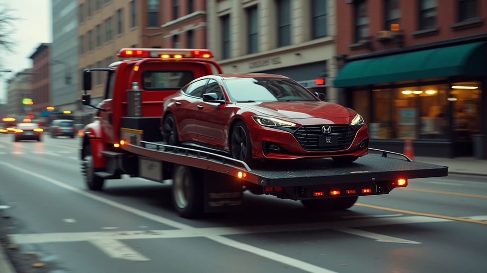 Close-up of a flatbed tow truck carrying a car on a Chicago street