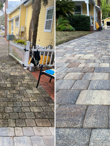 Pressure washing paver patio in Orlando FL to restore color and eliminate grime buildup