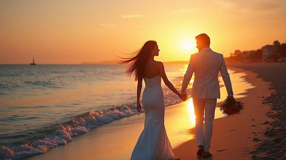 High angle view of a wedding couple walking along the shoreline at sunset