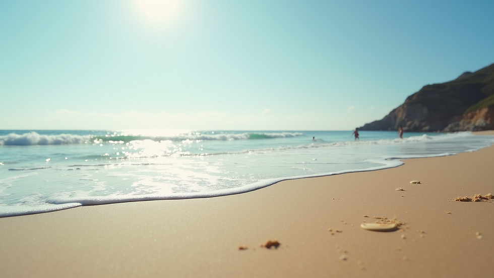 Eye-level view of a sandy beach with gentle waves under a clear sky