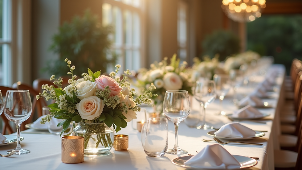 Close-up view of a wedding reception table set with elegant floral centerpieces