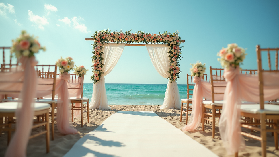 Wide angle view of a decorated beach wedding setup with chairs and floral arrangements
