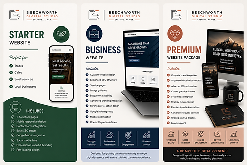 hree modern website package promotional slides for Beechworth Digital Studio featuring Starter, Business and Premium website options with device mockups, branding colours and digital service features.
