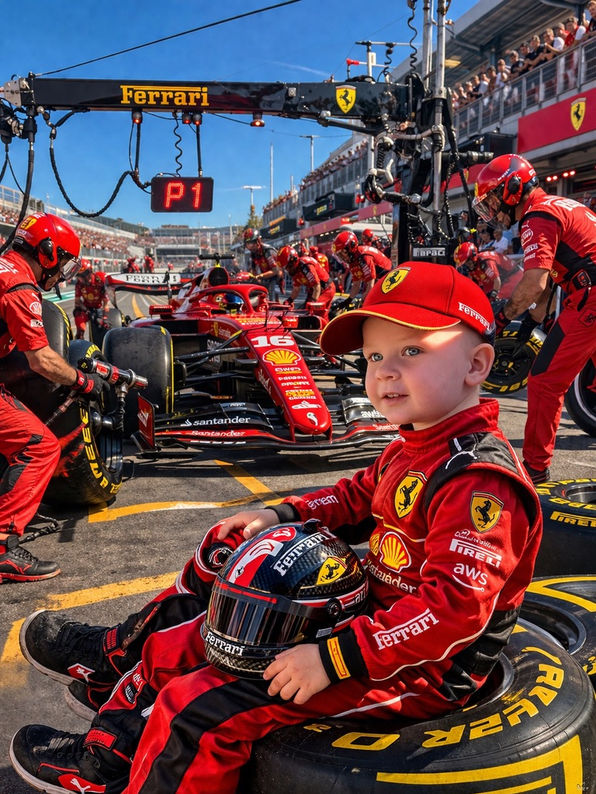 Smiling child in Ferrari gear at F1 pit stop