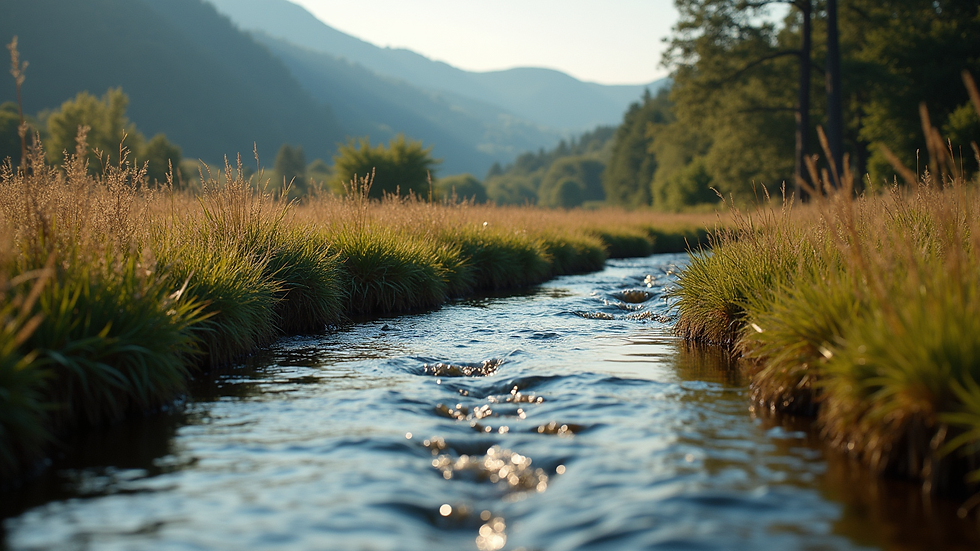 Eye-level view of a serene landscape with a gentle stream