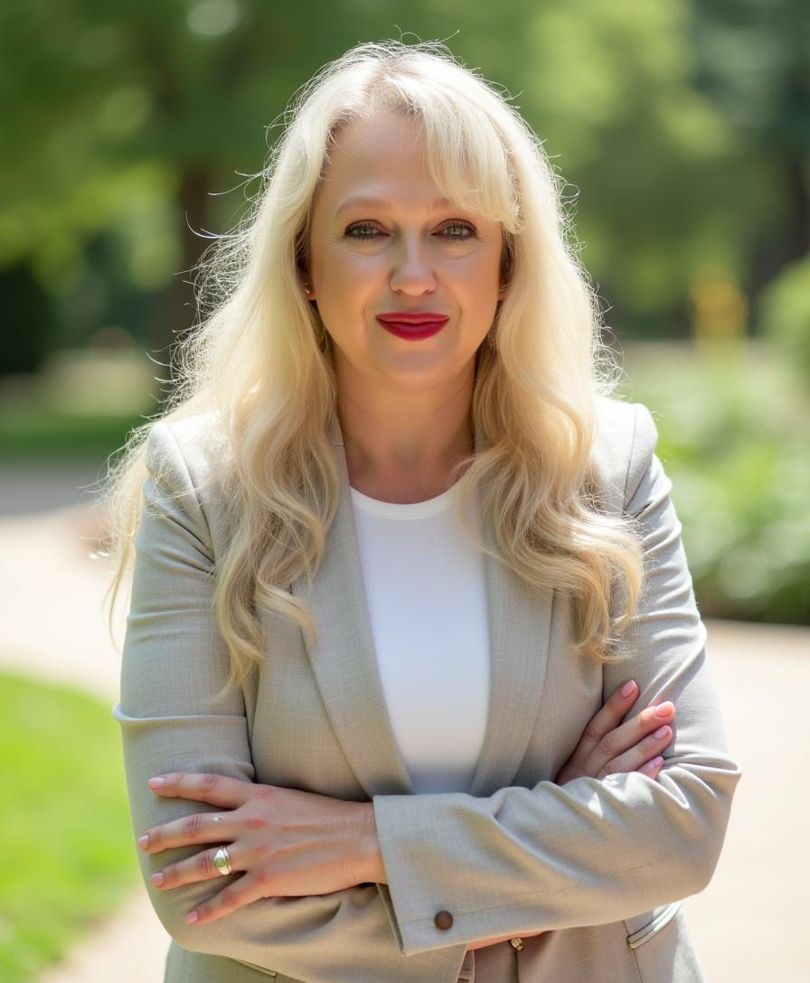 Blonde woman in a light gray blazer smiles confidently in a sunny park with green trees and blurred background. Arms crossed.