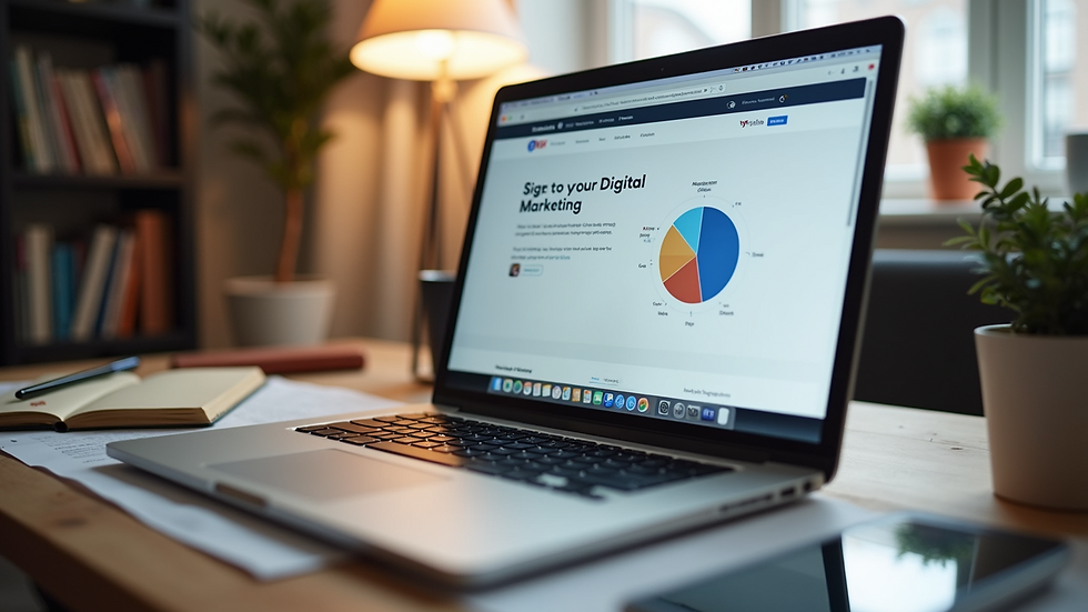 Close-up view of a digital marketing workspace featuring a laptop and creative tools