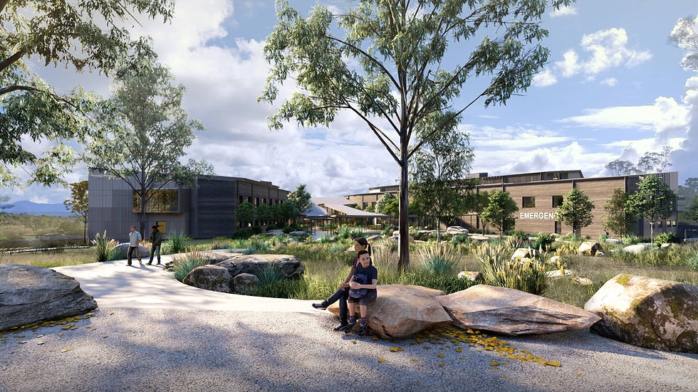 Artists impression of new Eurobodalla Hospital in background and children on path to it