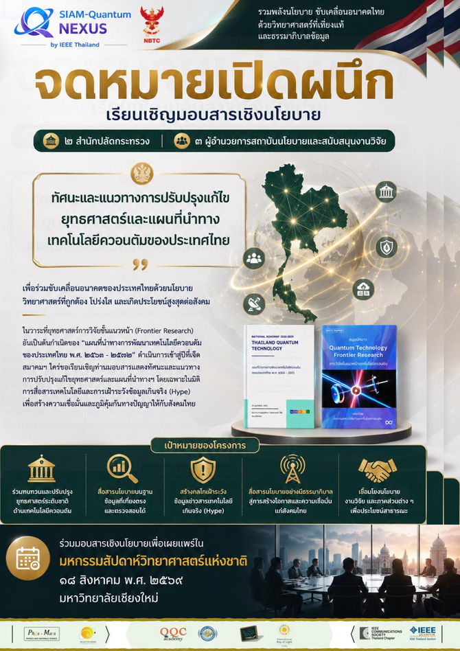(จม.เปิดผนึก) | ๒ สำนักปลัดกระทรวง ๓ ผอ.สถาบันนโยบายและสนับสนุนงานวิจัย | เชิญมอบสารเชิงนโยบาย |“ทัศนะและแนวทางการปรับปรุงแก้ไขยุทธศาสตร์และแผนที่นำทางฯ” | Siam-Quantum Nexus 2026 |