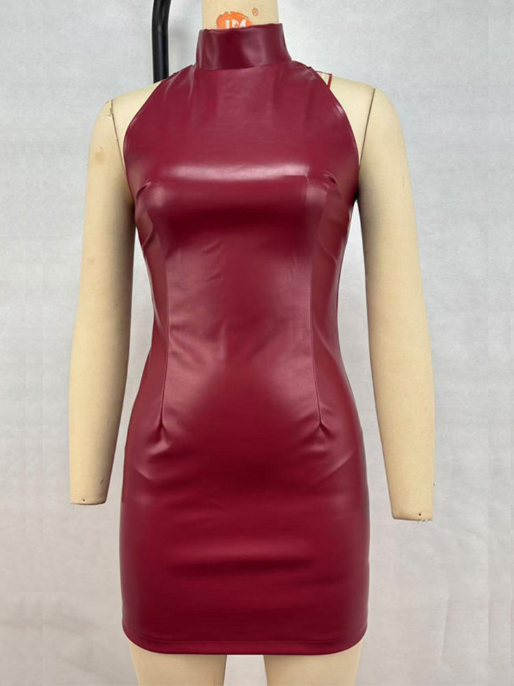 Sexy Burgundy Leather Short Dress Women Slim Turtleneck Sleeveless Hip Package M