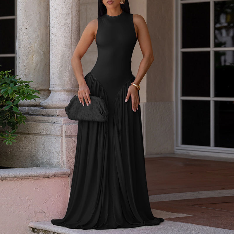 Casual O-neck Pleated Robe Dress Simple Solid Color Sleeveless Vest Women's Holi