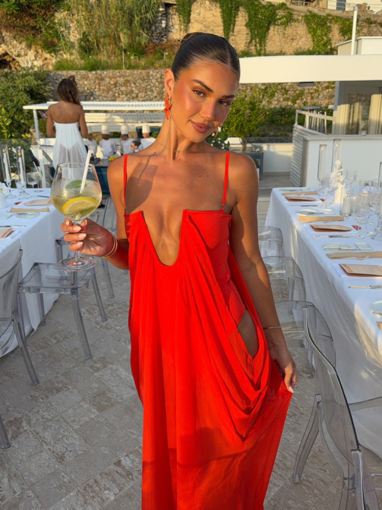 Vibrant Holiday Flowy Maxi Dress Deep U Chic Bohemian Chiffon Loose Fit Women Dr
