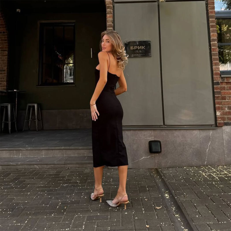 Solid Color Slip Midi Dress Thin Straps Straight Neck Bodycon Fit High Side Slit