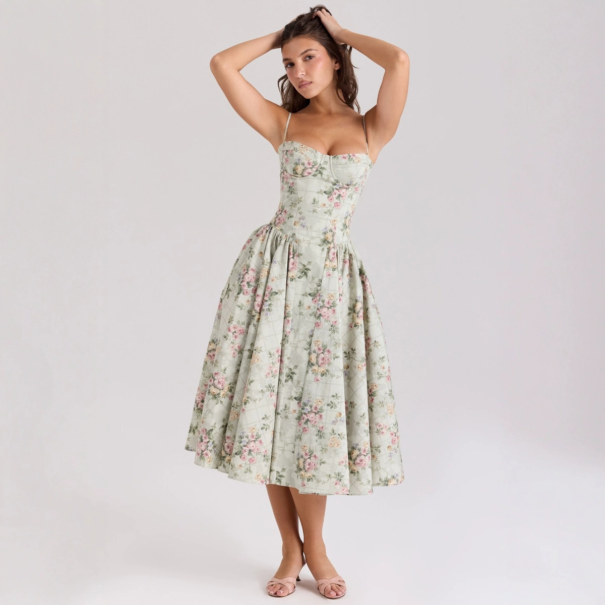 Vintage Blue Corset Midi Sundress Women's Floral High Waist Pleated Dress Sun Dr