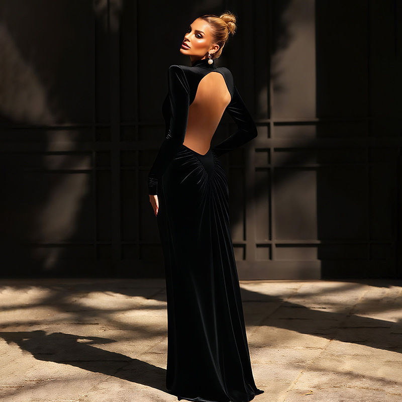 Luxury Turtleneck Long Sleeve Dress Women Sexy Backless Tight Elastic Maxi Dress
