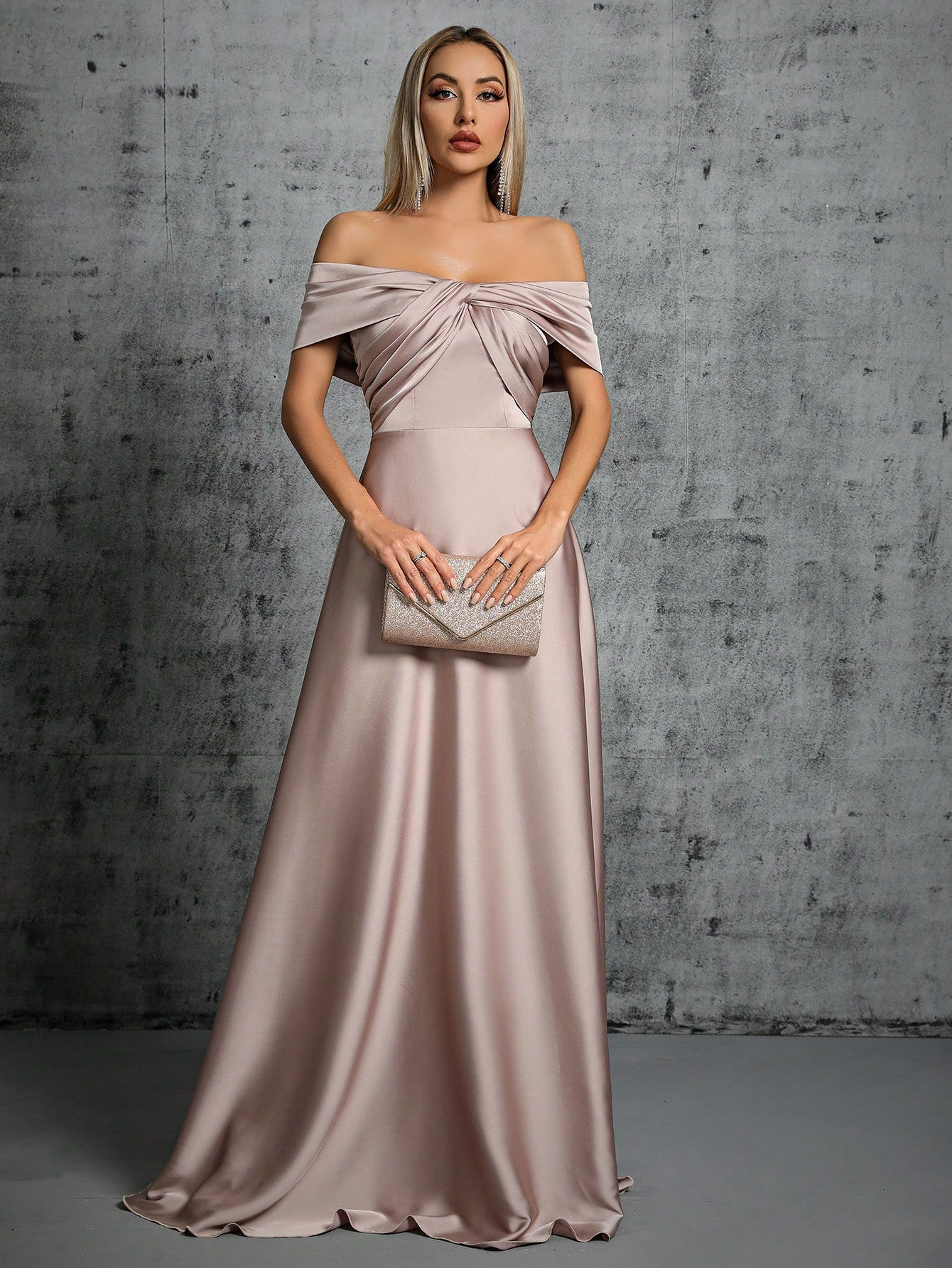Mgiacy Line neck irregular cross pleated satin gown ball dress Party dress bride