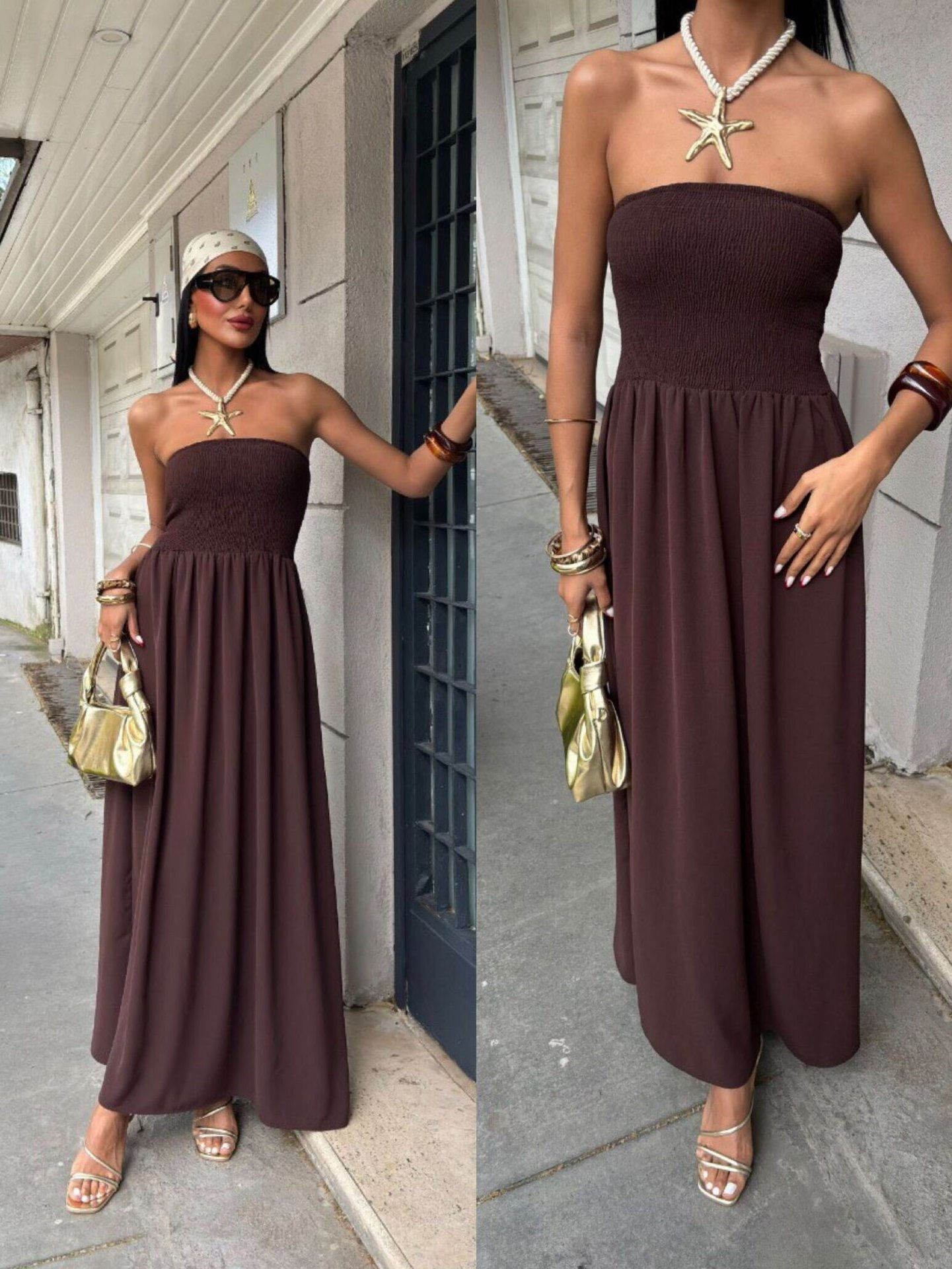 2026 New Summer Fashion Solid Color Off-Shoulder Strapless Waist-Cinching Long D