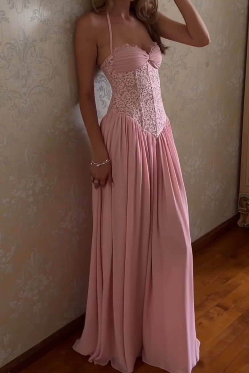 Elegant Women's Chiffon Halter Long Dress Luxury Corset Maxi Pleated Dresses For