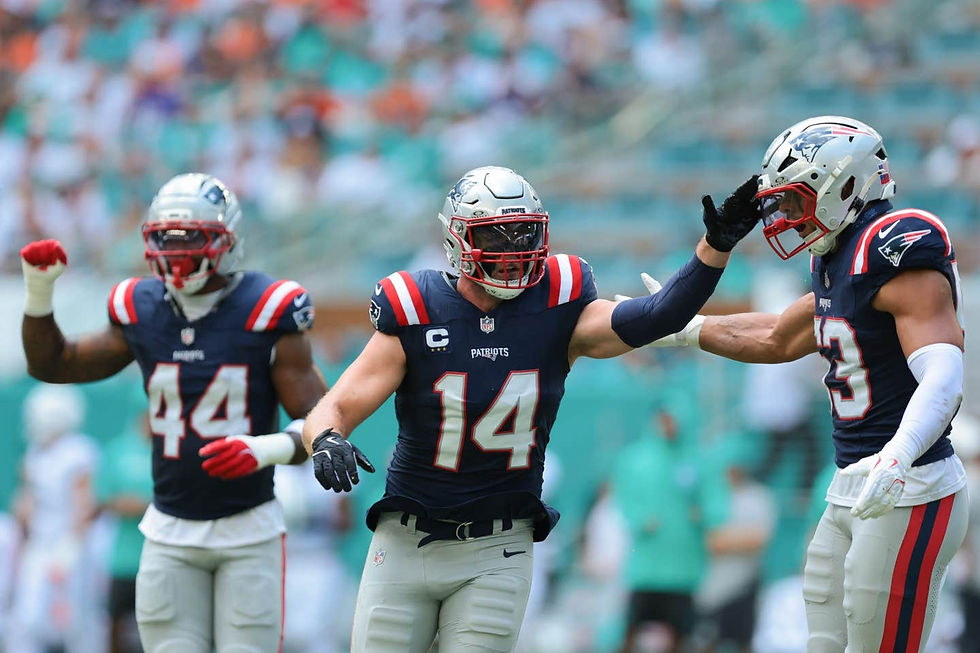 The Patriots' Defense celebrates a good play in the first quarter of the game against the Dolphins. Credit to Sam Navarro-Imagn Images via 985thesportshub.com.
