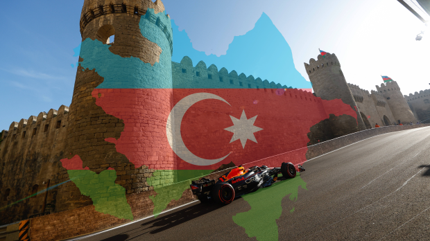 A Red Bull car going through the Castle chicane at the Azerbaijan Grand Prix. Credit to Imago via gpfans.com.
