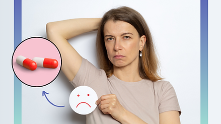 A woman taking ADHD medication and antidepressants looks disappointed and annoyed by her armpit sweat and body odor.