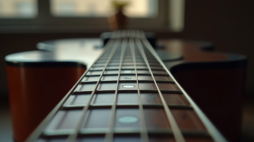 Eye-level view of a guitar neck with fret markers