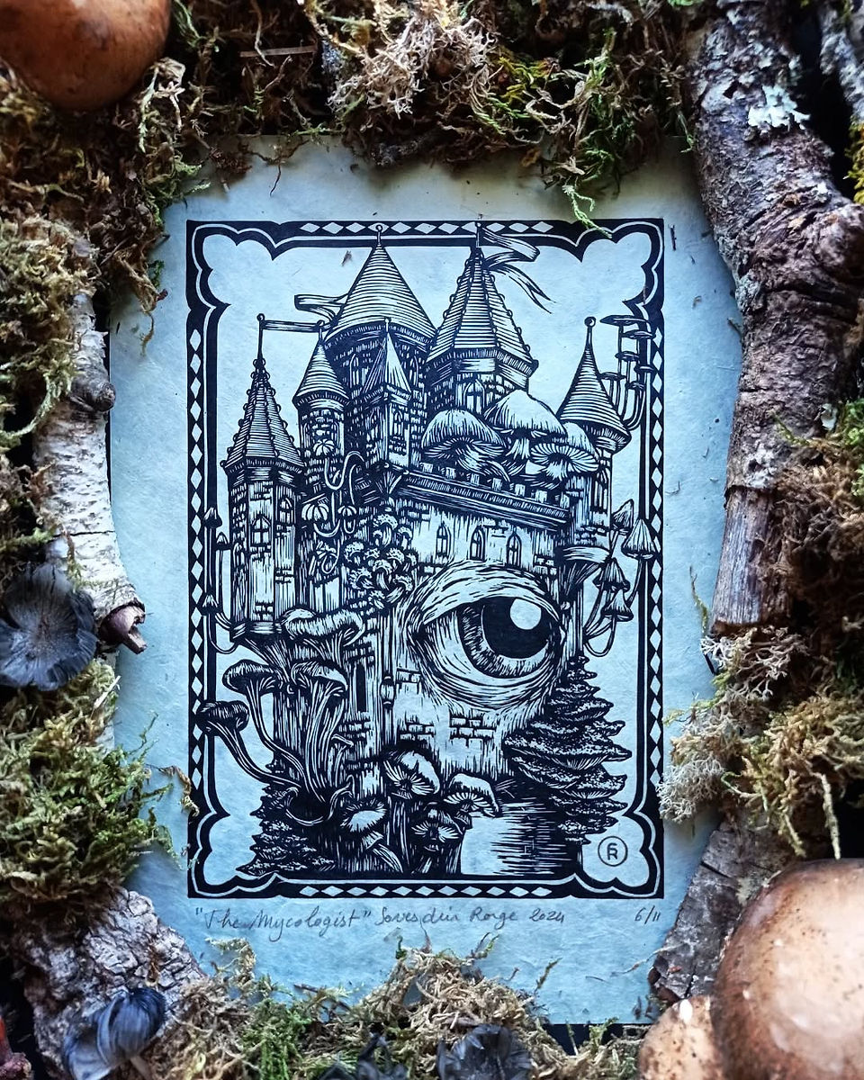 Estampe originale de Soves deir Roge représentant une scène imaginaire dont le titre est The mycologist