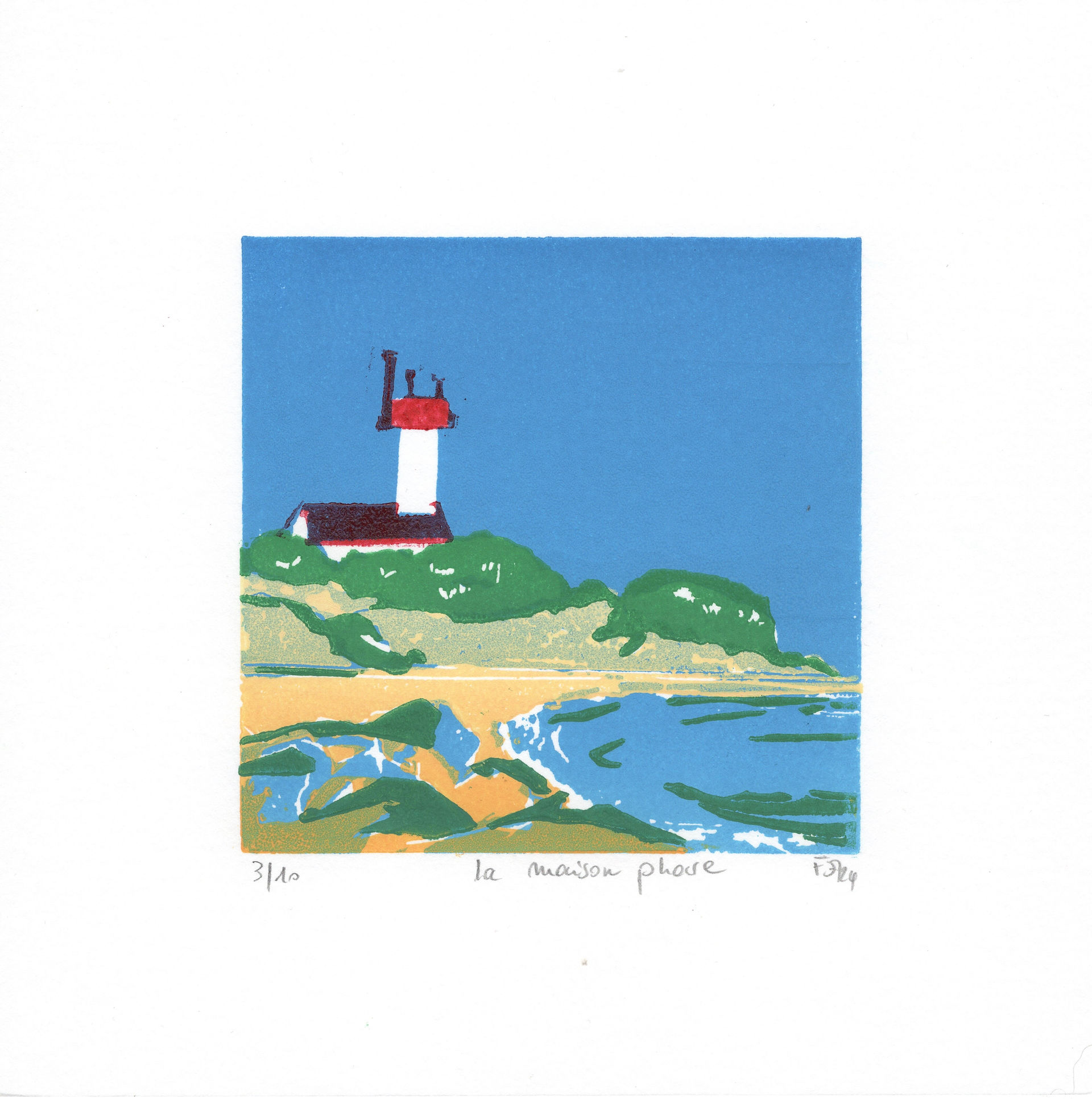 La maison phare, linocut print of the flagship house of Ile Wrac'h in Brittany