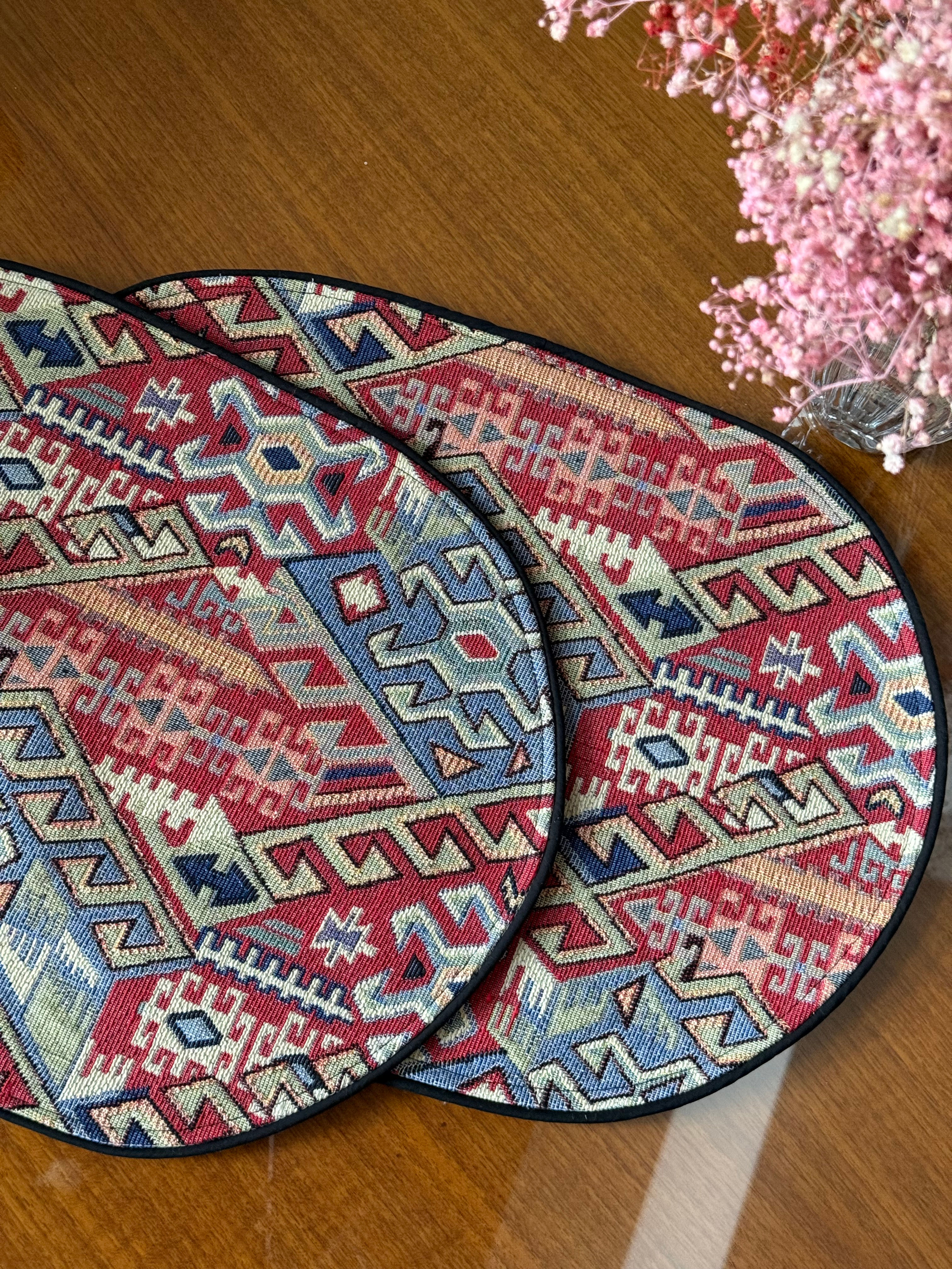 Distressed Geometric Maroon Table Placemats Set