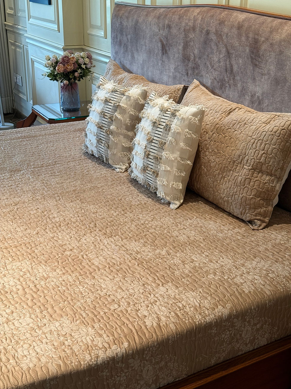 Thumbnail: The Minimalist Tan Flora Quilted Bedcover Set