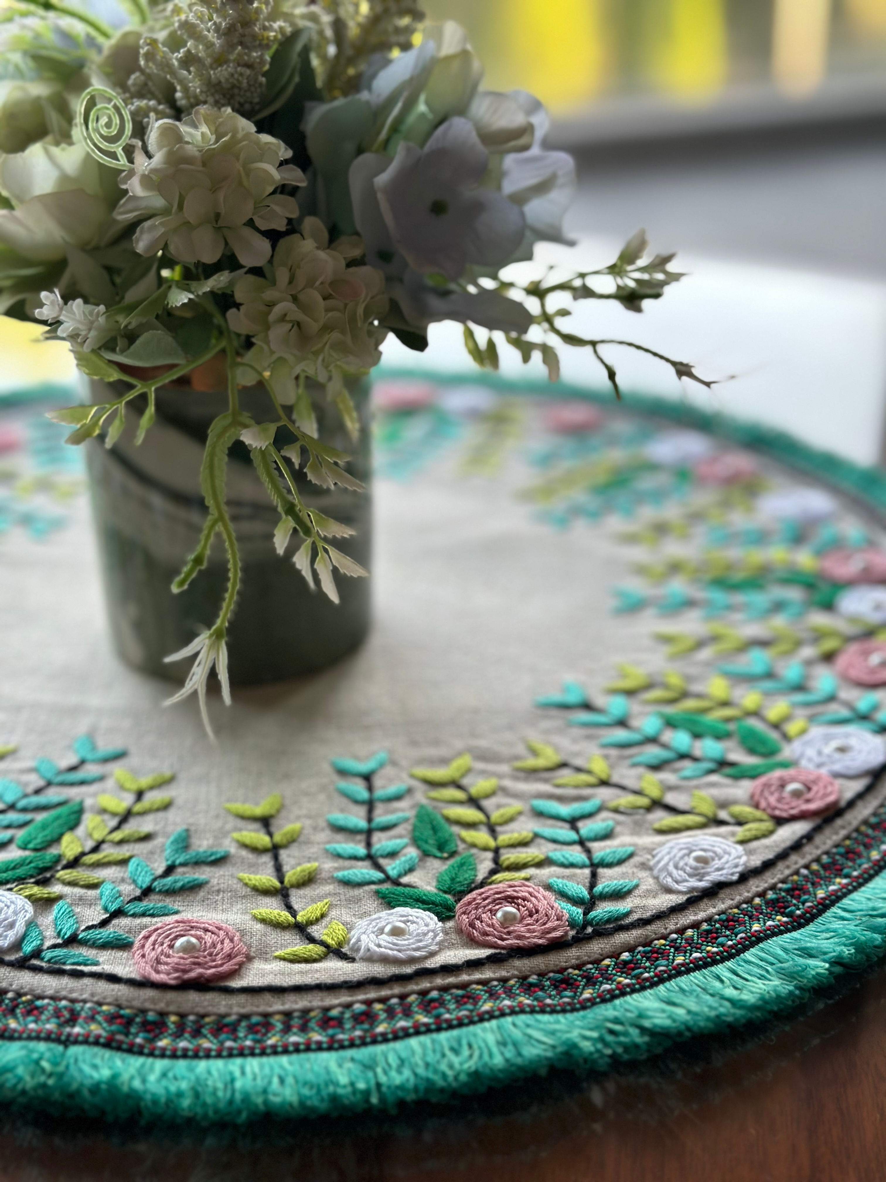 Bloom Fringed Hand Embroidered Placemats Set