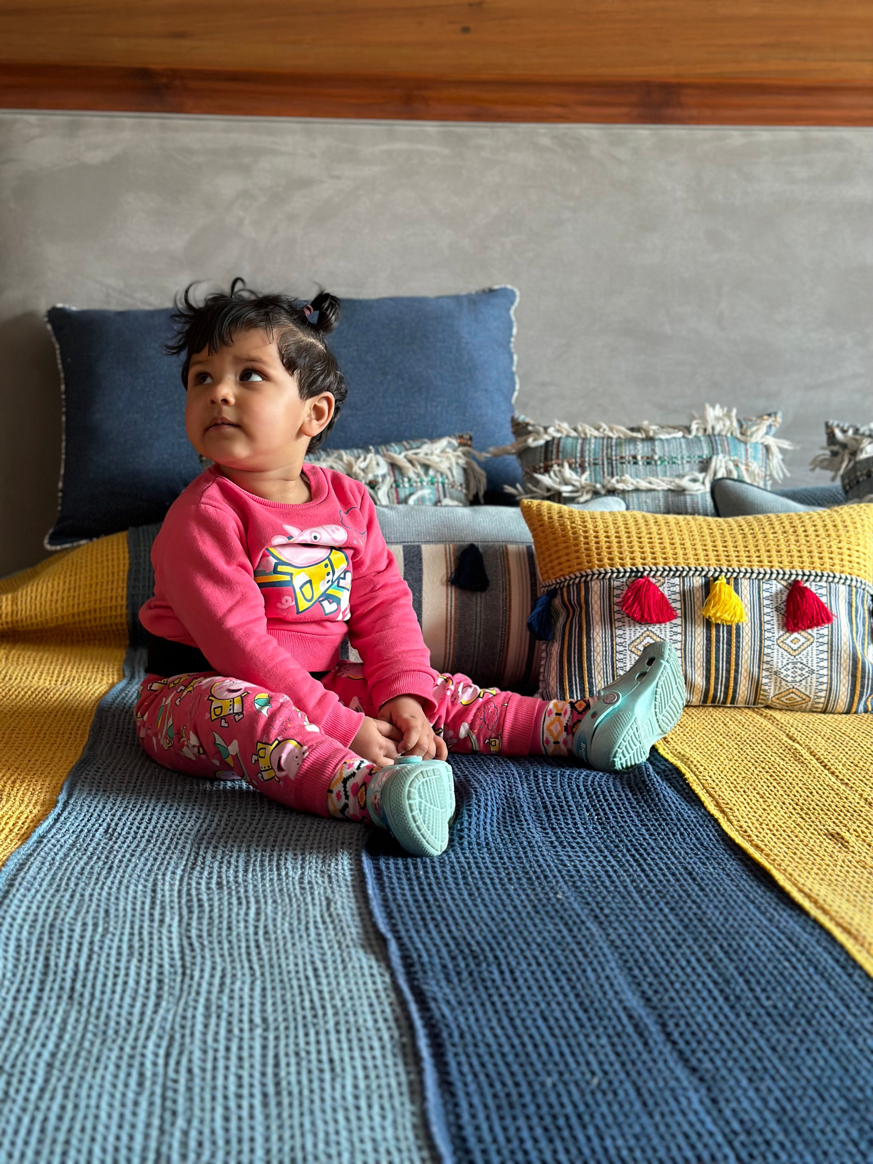 Distressed Blue Yellow Panelled Bedcover cum Dohar