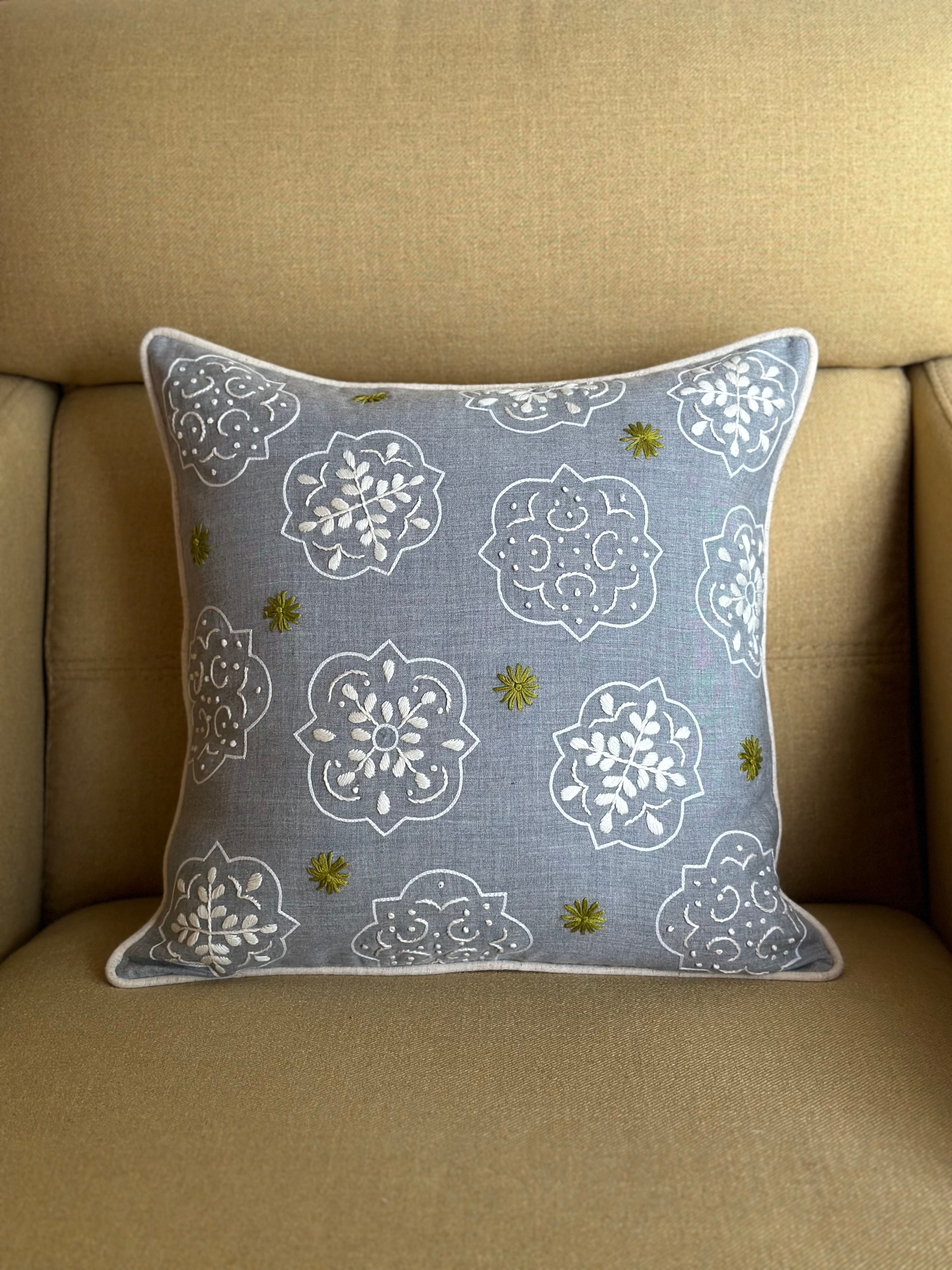 Bloom Motif Grey Green Embroidered Cushion Cover