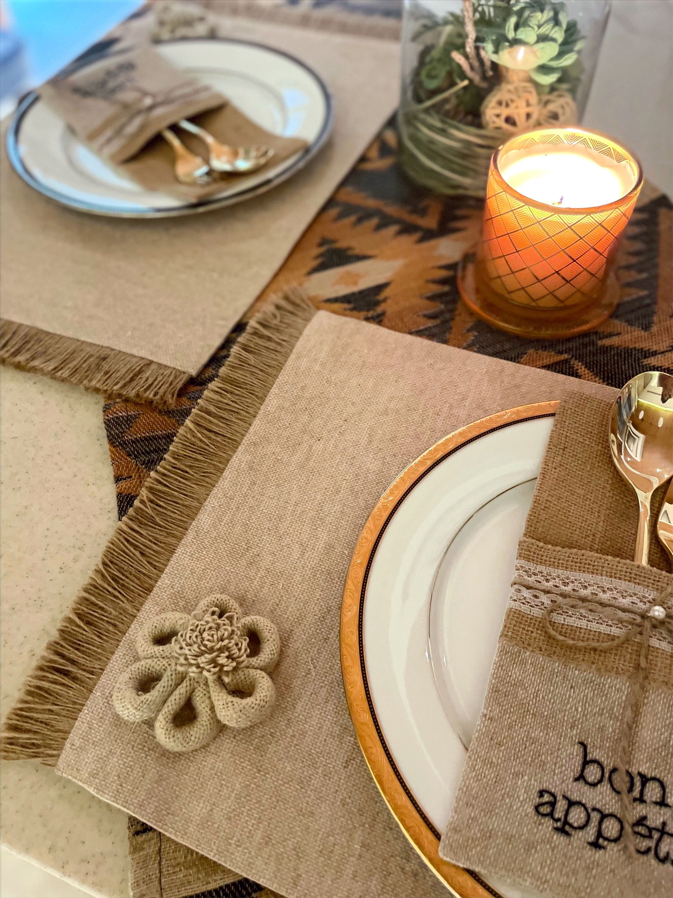 Raw Jute Flower Appliqué Table Placemats