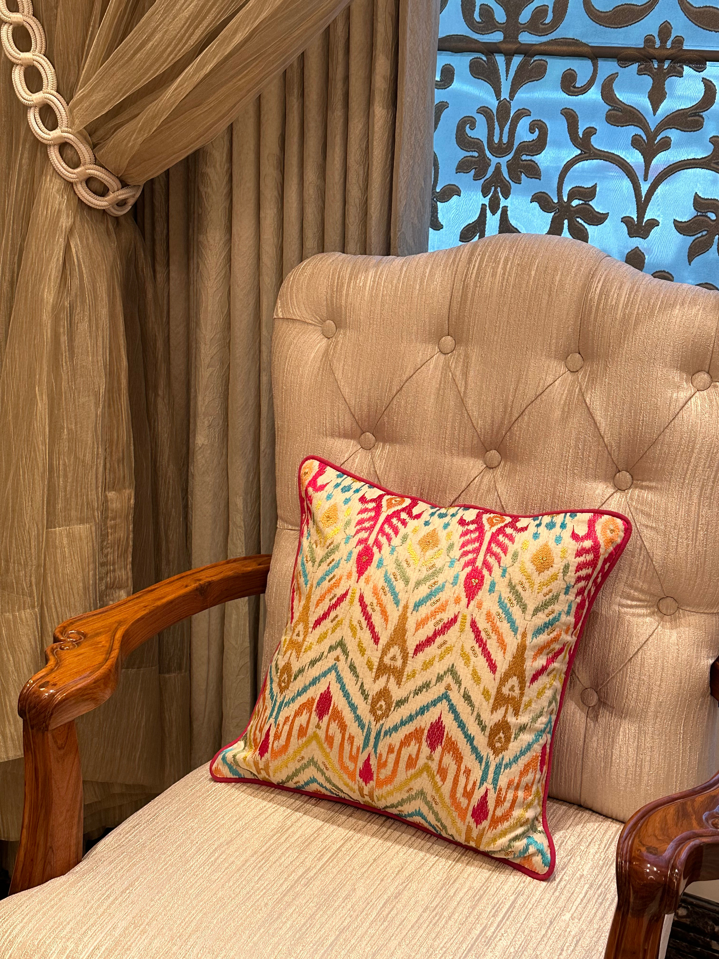 Pataka Ikkat Sequins Cushion Cover