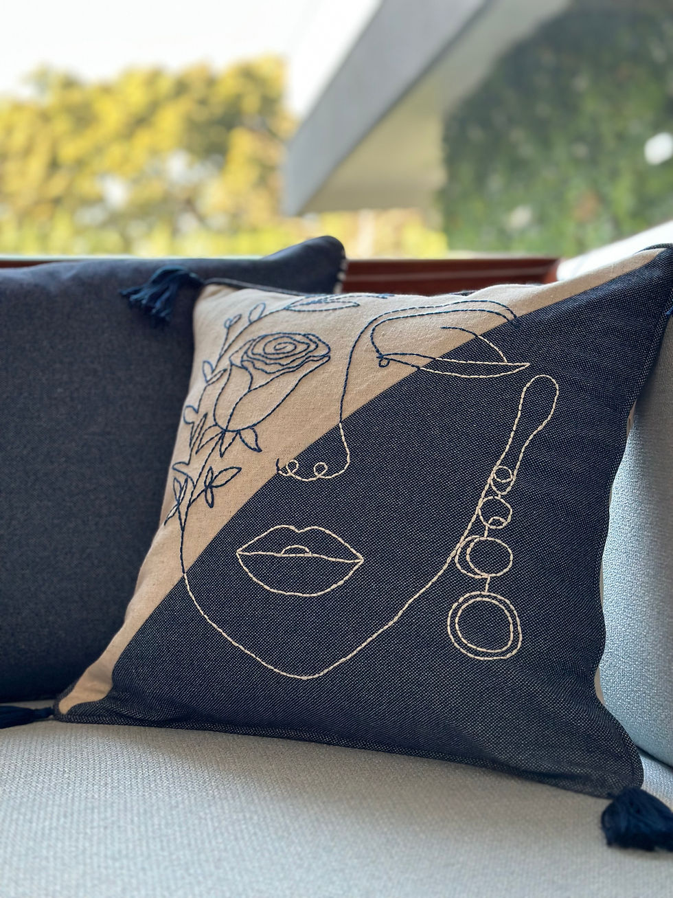 Thumbnail: Lined Duotone Peaceful Mind Hand Embroidered Cushion cover