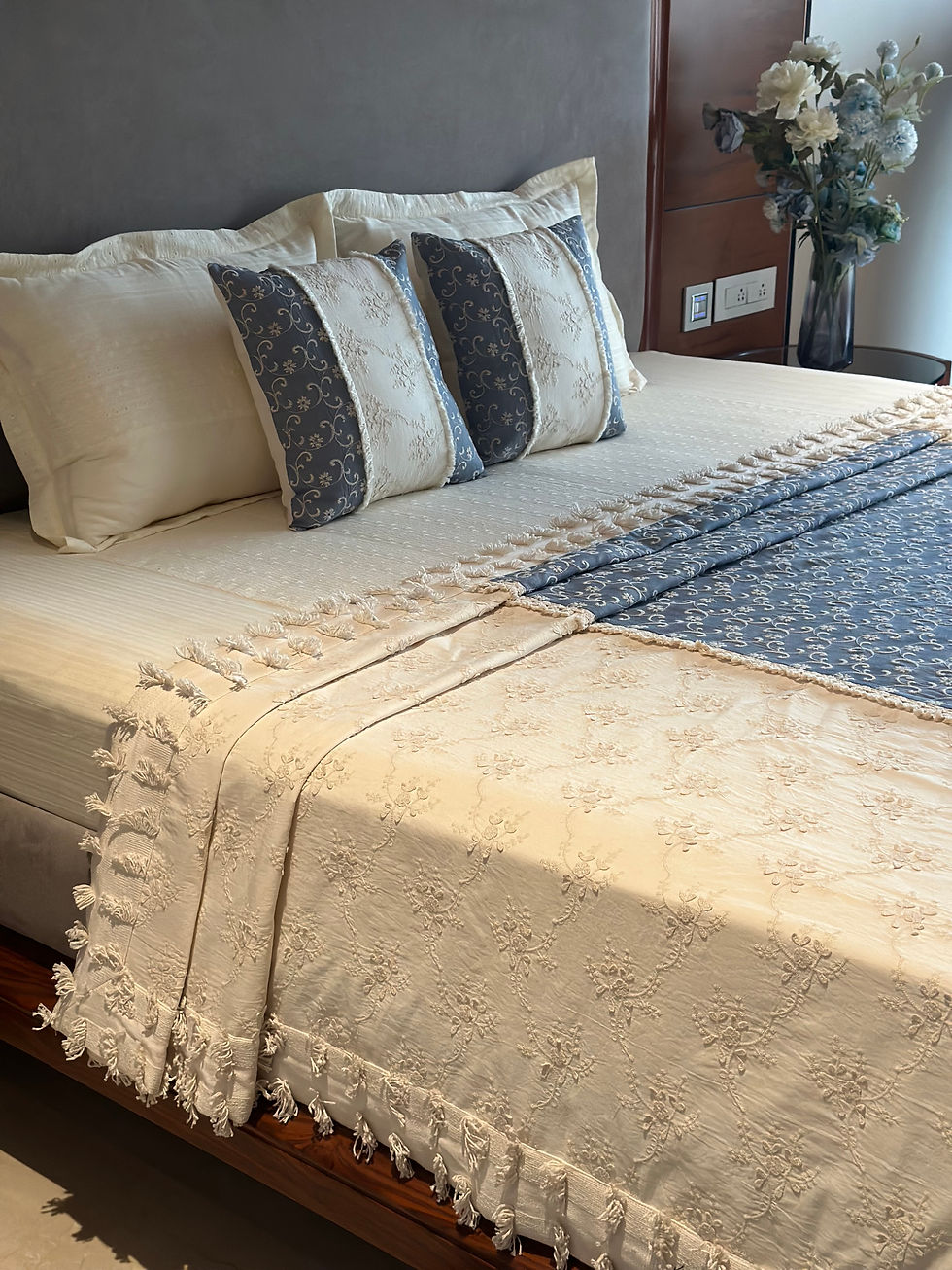 Thumbnail: Ivory Bloom 3D embroidered bedcover set
